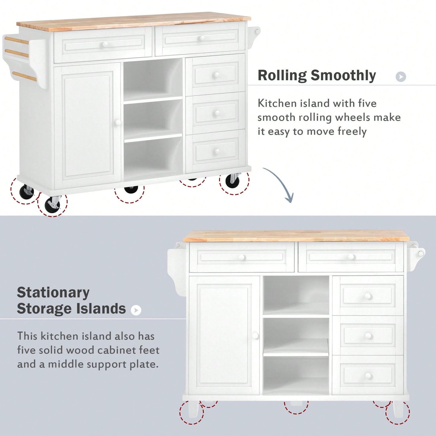 Kitchen Cart With Rubber Wood Desktop Rolling Mobile Kitchen Island With Storage And 5 Draws 53" Length