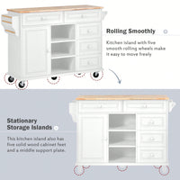 Kitchen Cart With Rubber Wood Desktop Rolling Mobile Kitchen Island With Storage And 5 Draws 53" Length