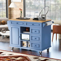 Kitchen Cart With Rubber Wood Desktop Rolling Mobile Kitchen Island With Storage And 5 Draws 53" Length