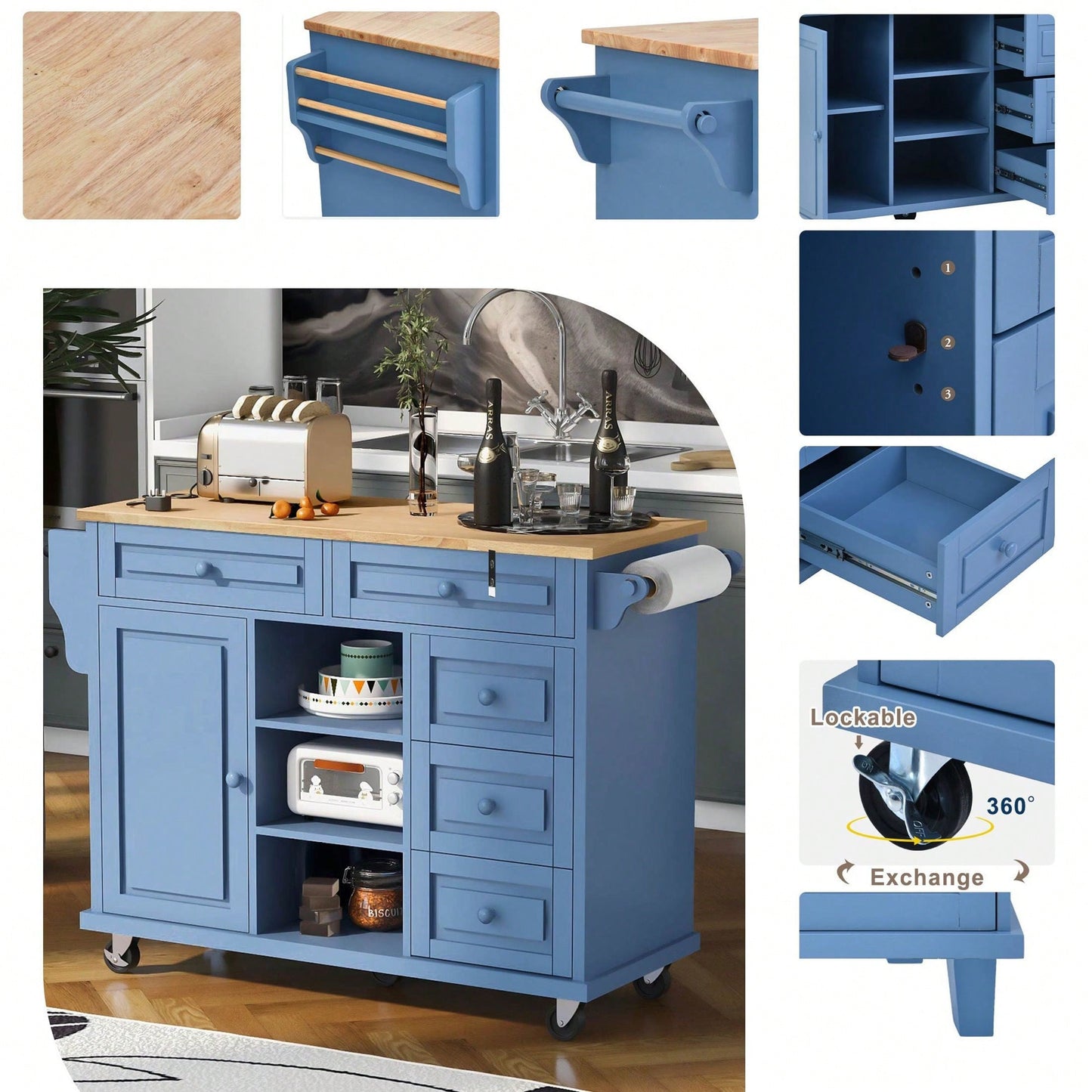 Kitchen Cart With Rubber Wood Desktop Rolling Mobile Kitchen Island With Storage And 5 Draws 53" Length