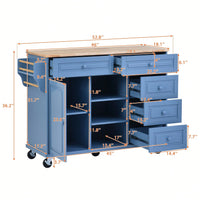 Kitchen Cart With Rubber Wood Desktop Rolling Mobile Kitchen Island With Storage And 5 Draws 53" Length