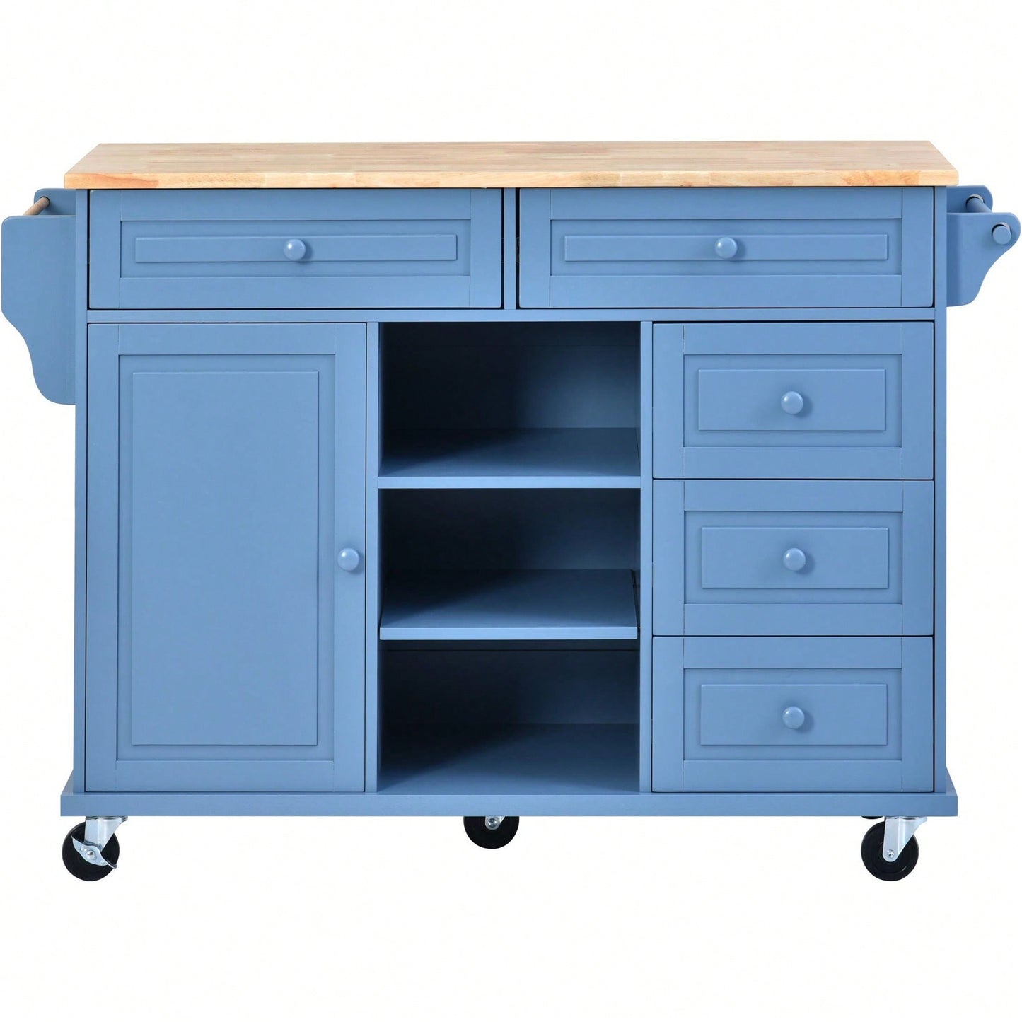 Kitchen Cart With Rubber Wood Desktop Rolling Mobile Kitchen Island With Storage And 5 Draws 53" Length