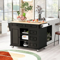 Kitchen Cart With Rubber Wood Desktop Rolling Mobile Kitchen Island With Storage And 5 Draws 53" Length