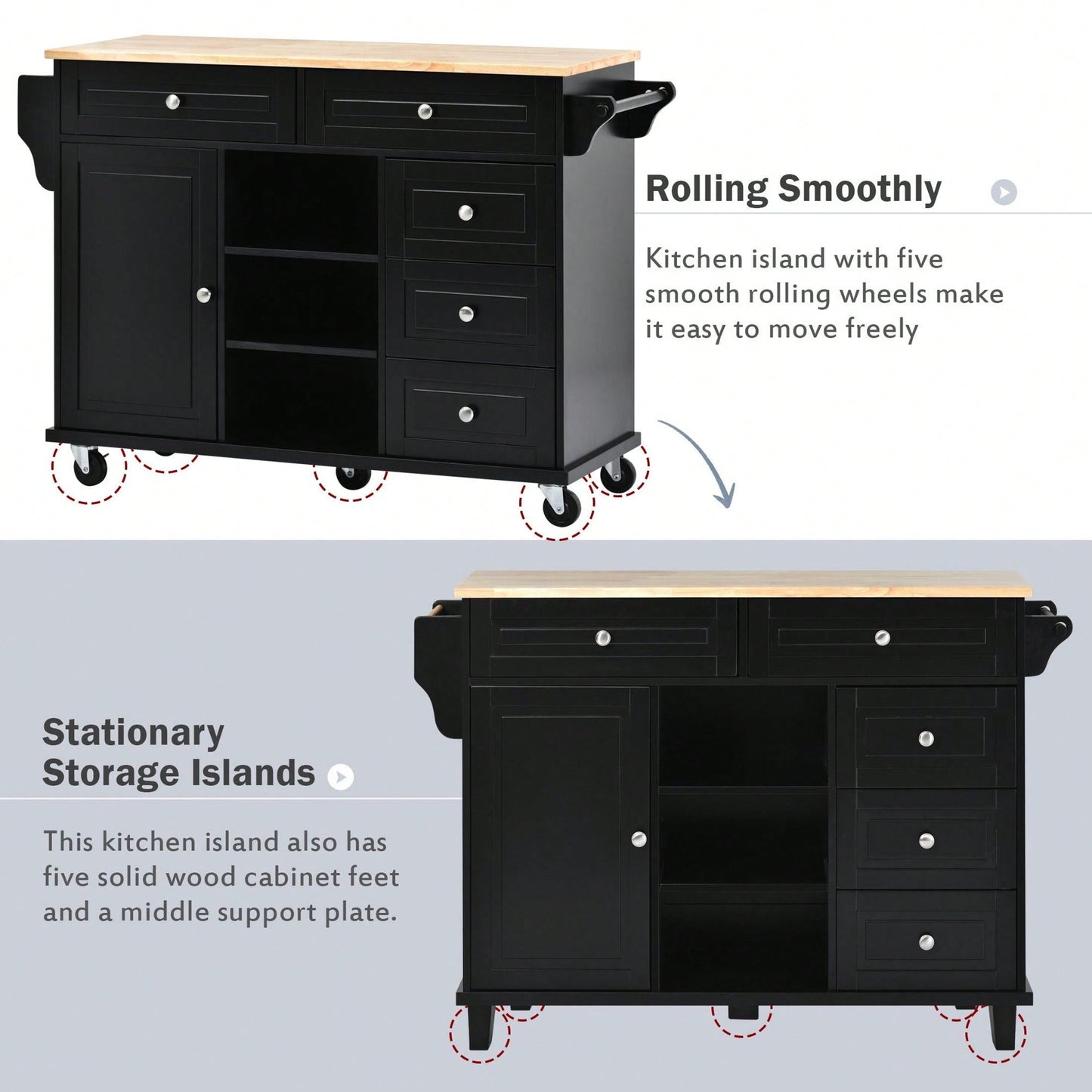 Kitchen Cart With Rubber Wood Desktop Rolling Mobile Kitchen Island With Storage And 5 Draws 53" Length