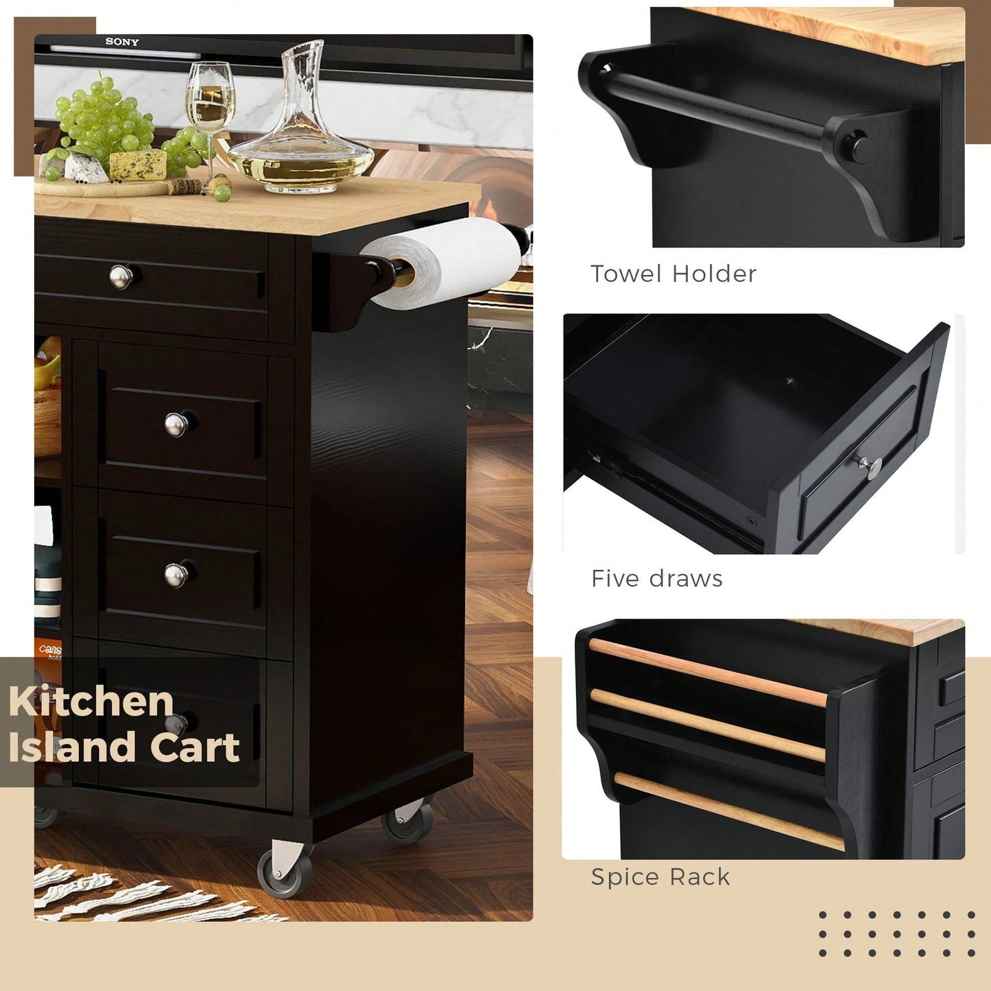 Kitchen Cart With Rubber Wood Desktop Rolling Mobile Kitchen Island With Storage And 5 Draws 53" Length