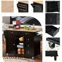 Kitchen Cart With Rubber Wood Desktop Rolling Mobile Kitchen Island With Storage And 5 Draws 53" Length