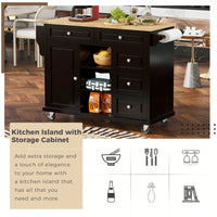 Kitchen Cart With Rubber Wood Desktop Rolling Mobile Kitchen Island With Storage And 5 Draws 53" Length