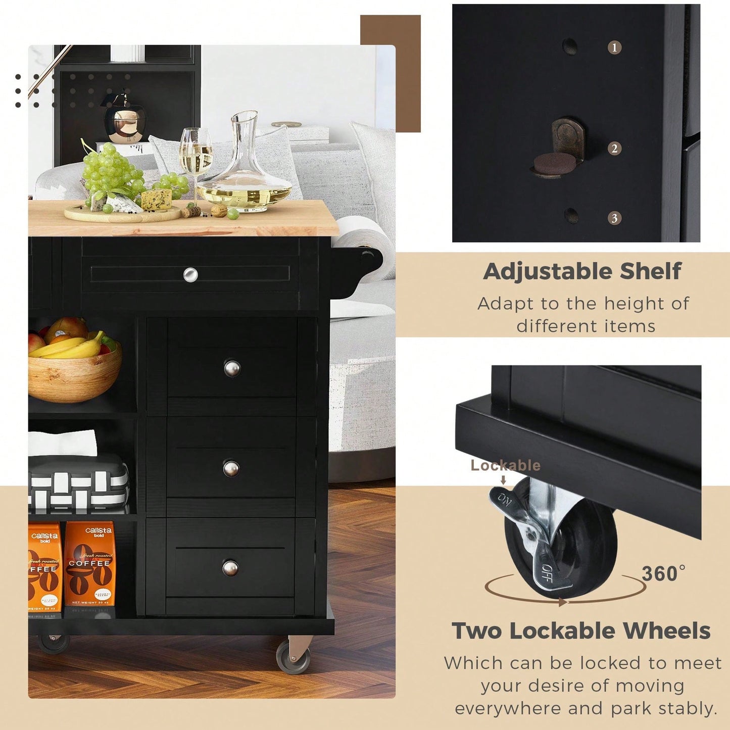 Kitchen Cart With Rubber Wood Desktop Rolling Mobile Kitchen Island With Storage And 5 Draws 53" Length