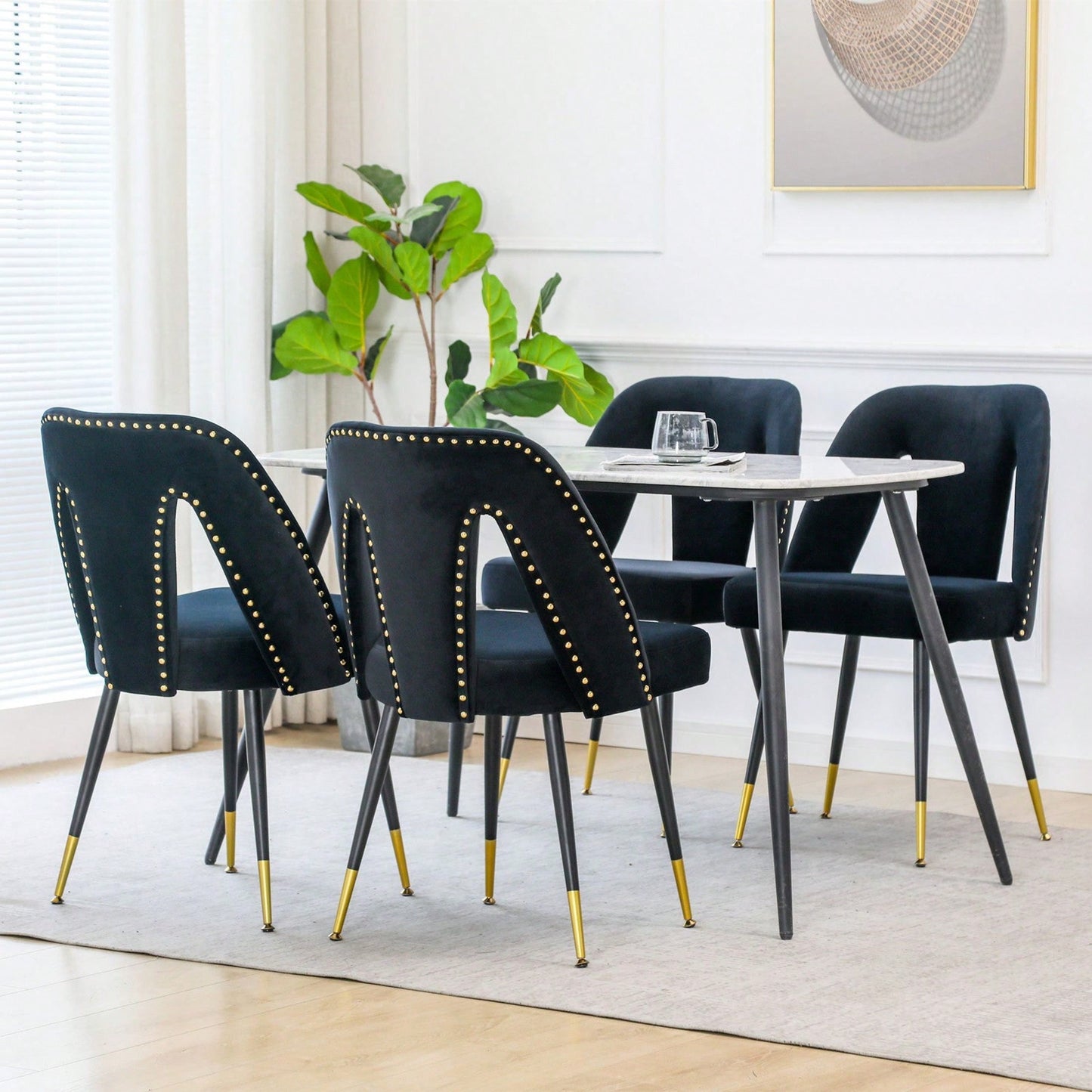 Modern Contemporary Velvet Upholstered Dining Chair With Nailheads And Gold Tipped Black Metal Legs,Set Of 2