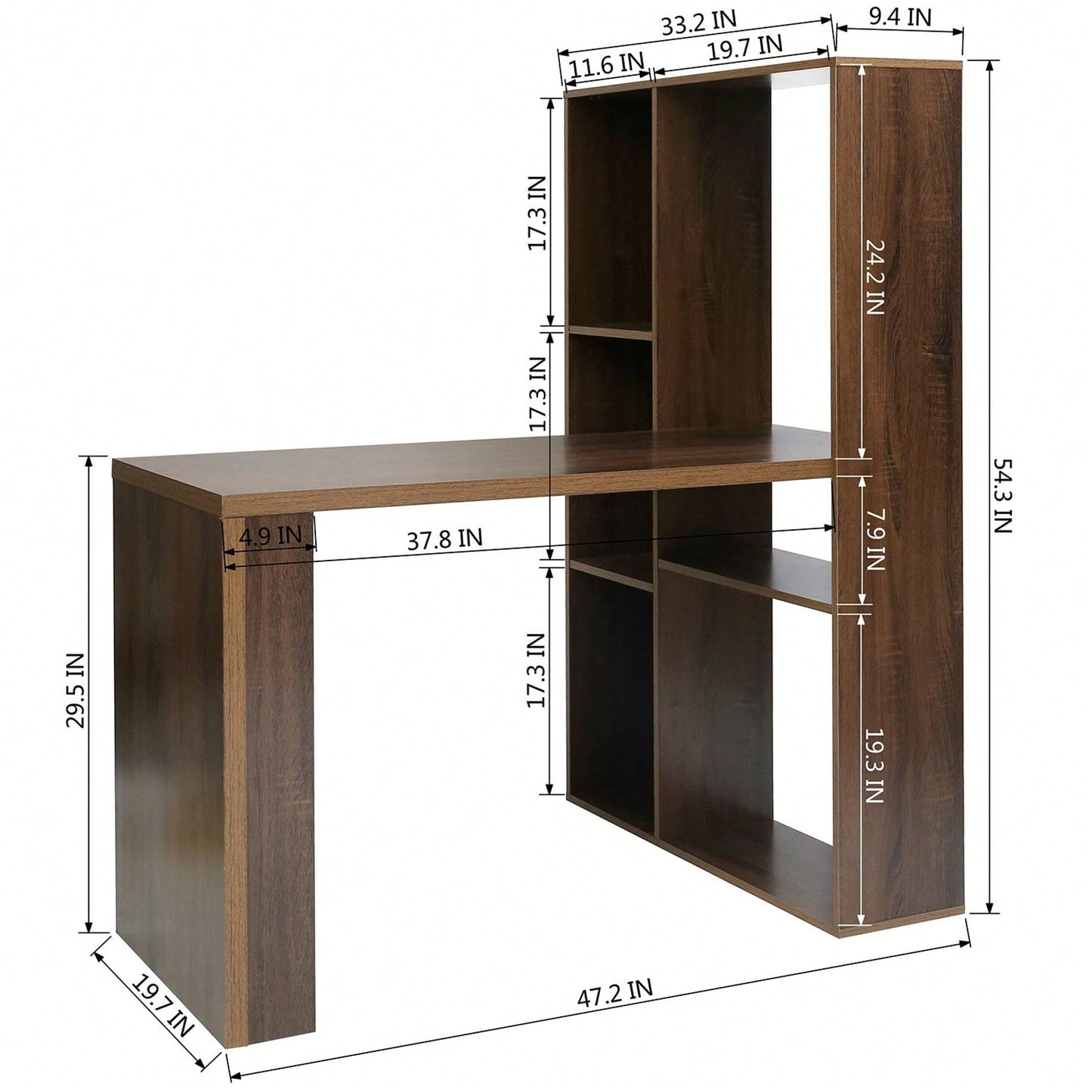 2 in 1 Computer Desk L-Shape Desktop with Shelves Oak Finish Adjustable Height 29.5 to 54.3 Inches 47.2W x 19.7D