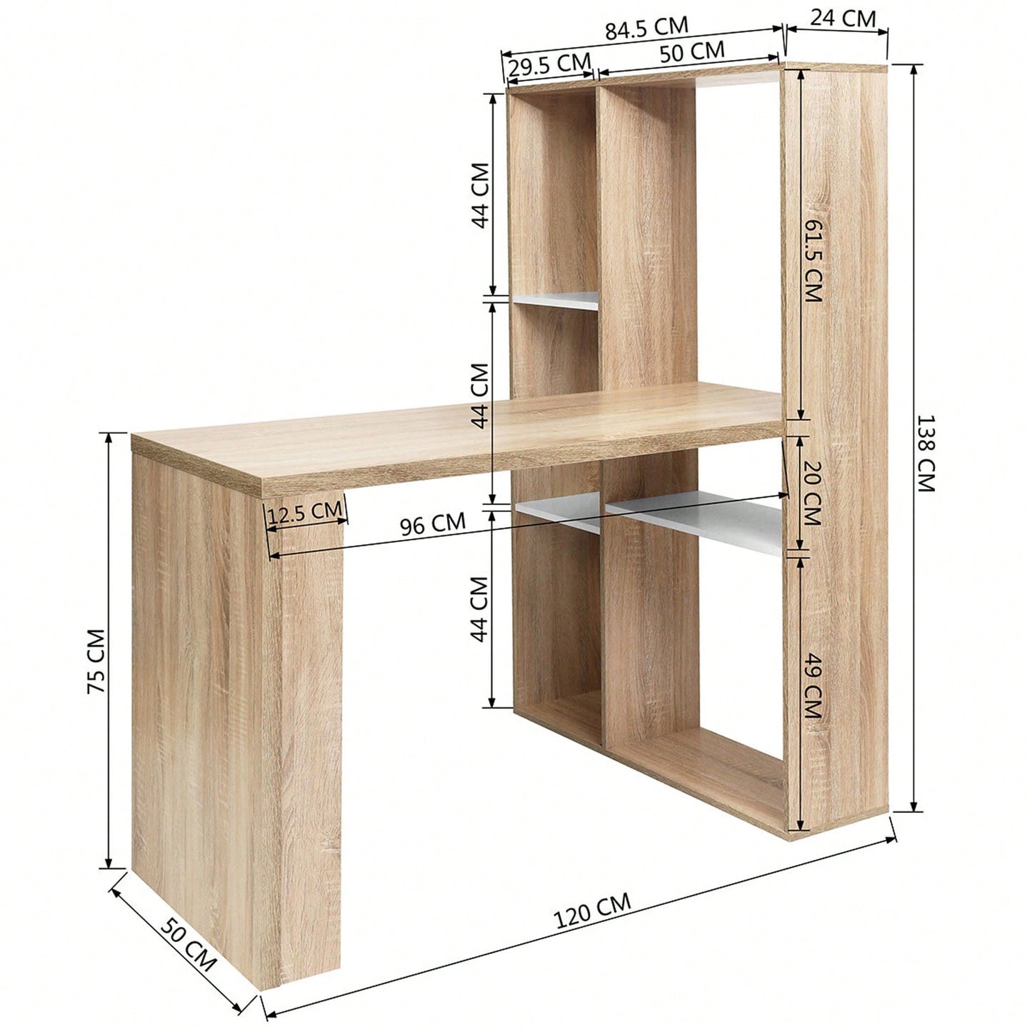 2 in 1 Computer Desk L-Shape Desktop with Shelves Oak Finish Adjustable Height 29.5 to 54.3 Inches 47.2W x 19.7D