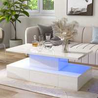 2-Tier Rectangle Center Table With Plug-In 16 Colors LED Lighting For Living Room, Modern Glossy Coffee Table With Drawer