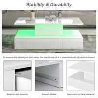 2-Tier Rectangle Center Table With Plug-In 16 Colors LED Lighting For Living Room, Modern Glossy Coffee Table With Drawer