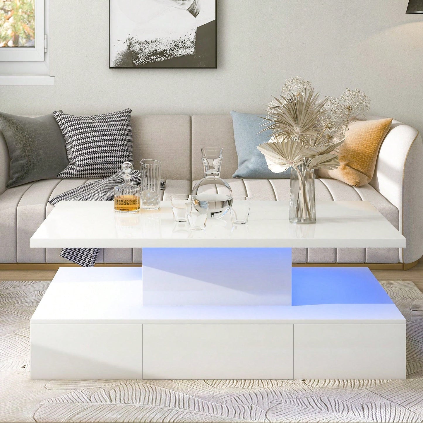 2-Tier Rectangle Center Table With Plug-In 16 Colors LED Lighting For Living Room, Modern Glossy Coffee Table With Drawer