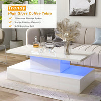 2-Tier Rectangle Center Table With Plug-In 16 Colors LED Lighting For Living Room, Modern Glossy Coffee Table With Drawer