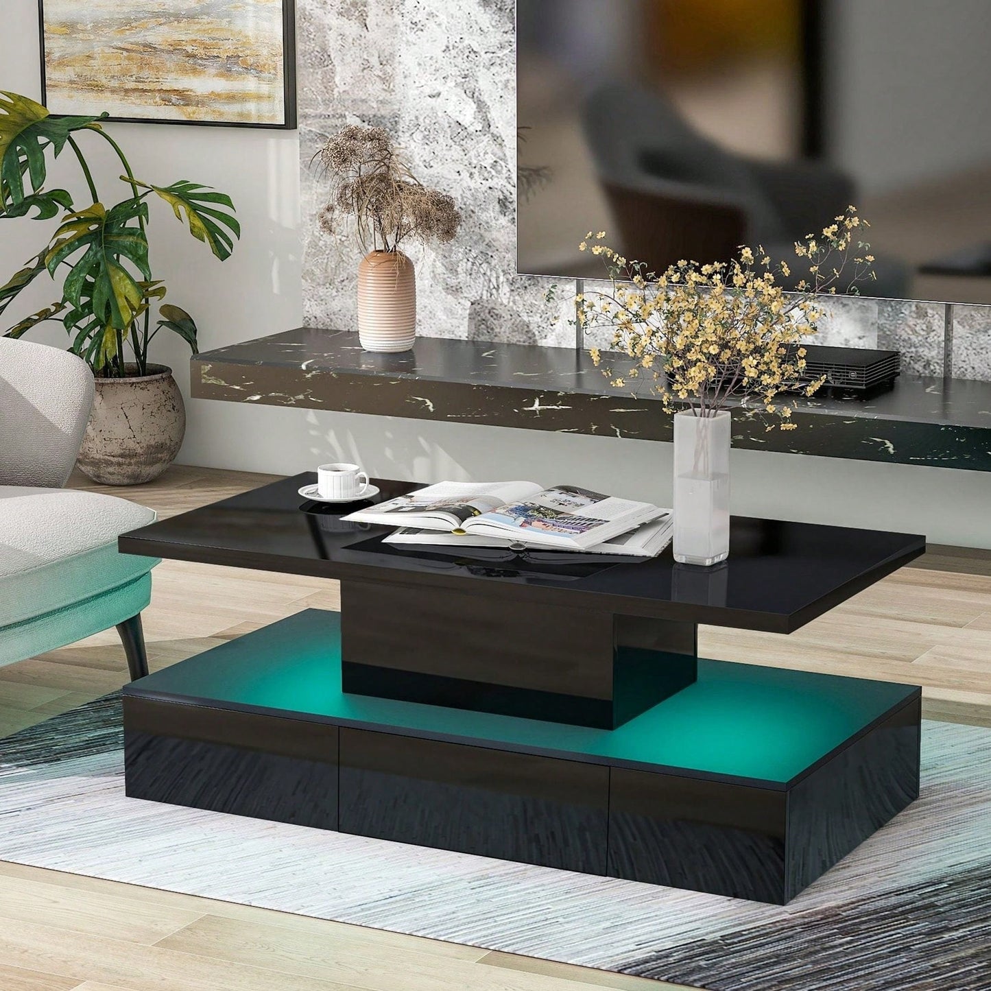 2-Tier Rectangle Center Table With Plug-In 16 Colors LED Lighting For Living Room, Modern Glossy Coffee Table With Drawer