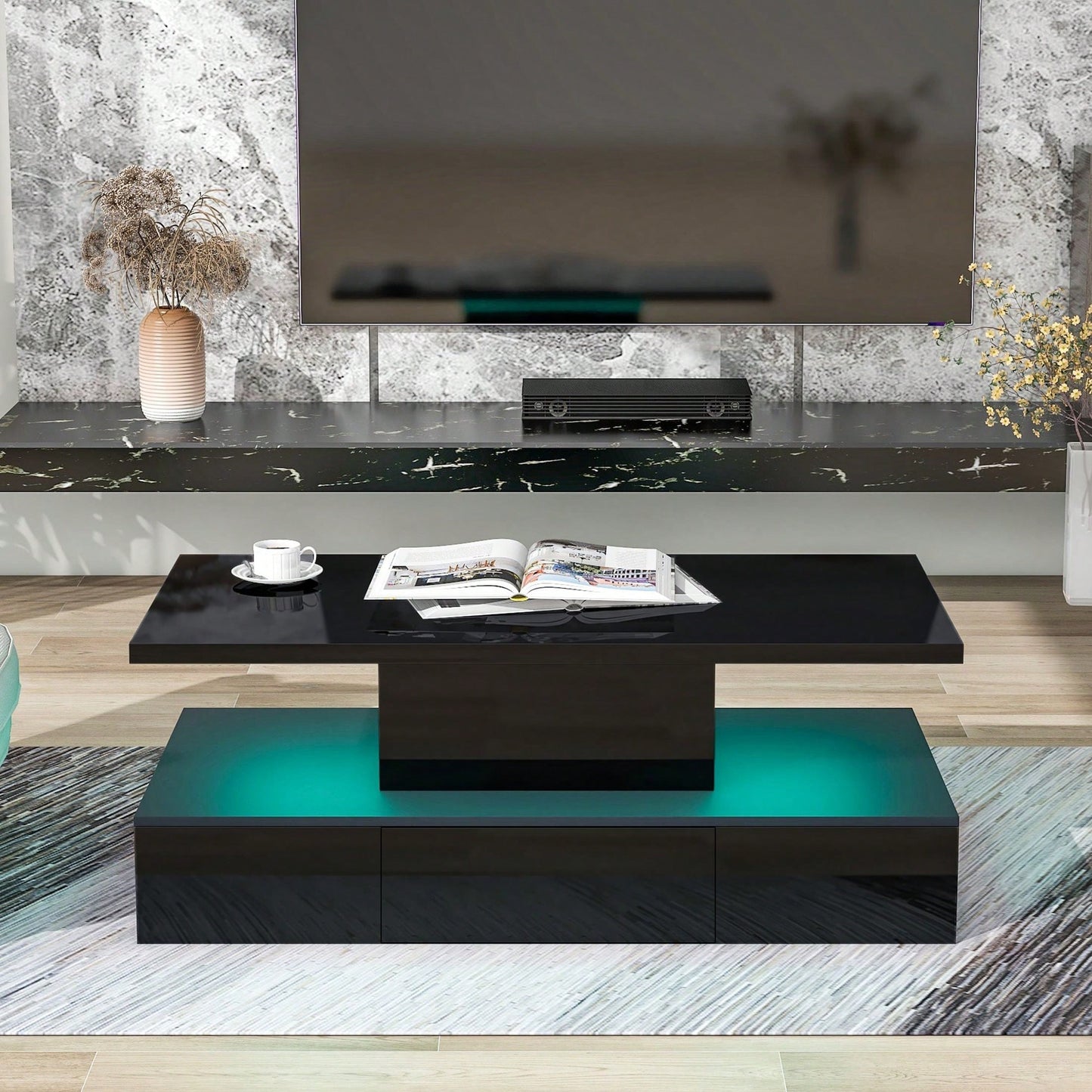 2-Tier Rectangle Center Table With Plug-In 16 Colors LED Lighting For Living Room, Modern Glossy Coffee Table With Drawer