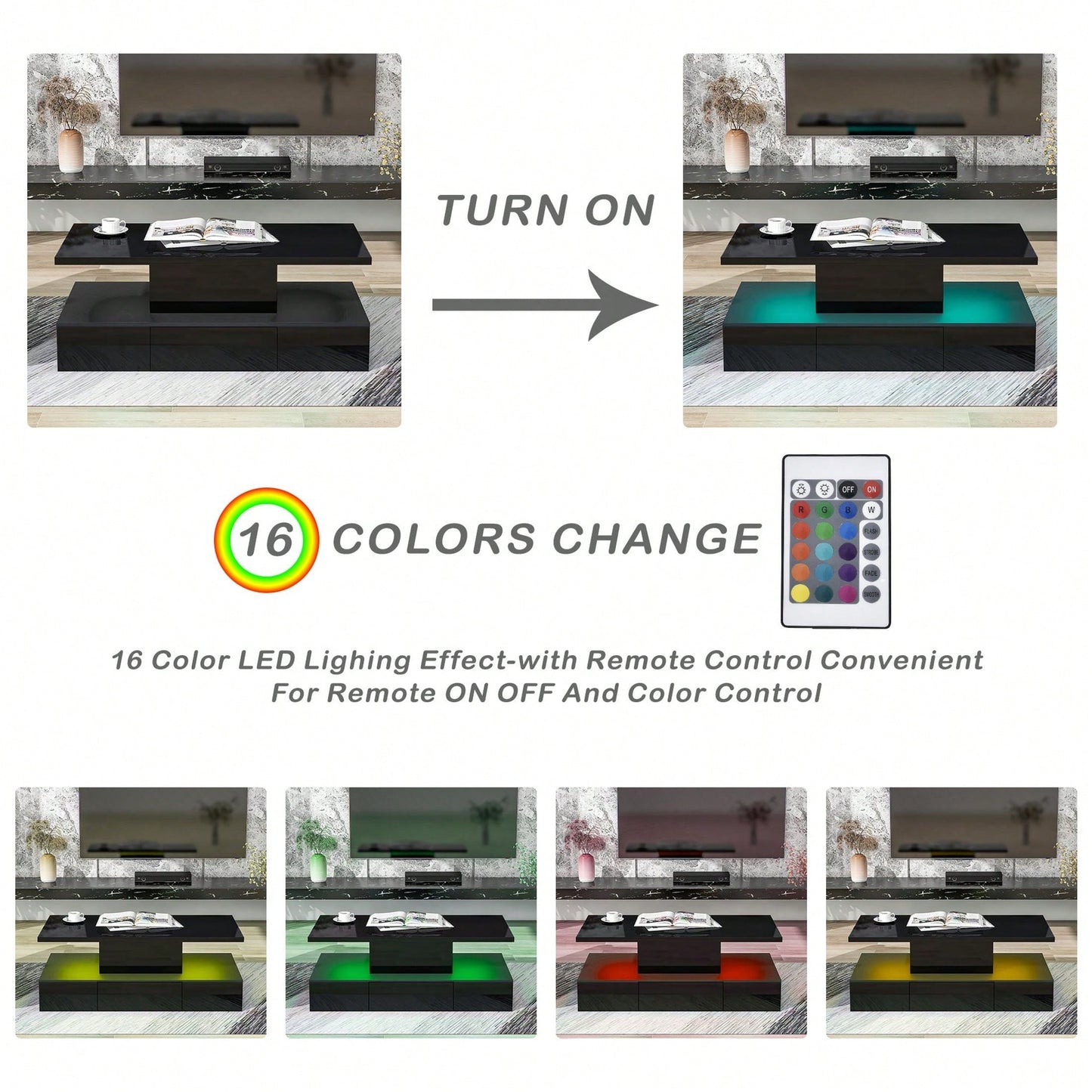 2-Tier Rectangle Center Table With Plug-In 16 Colors LED Lighting For Living Room, Modern Glossy Coffee Table With Drawer