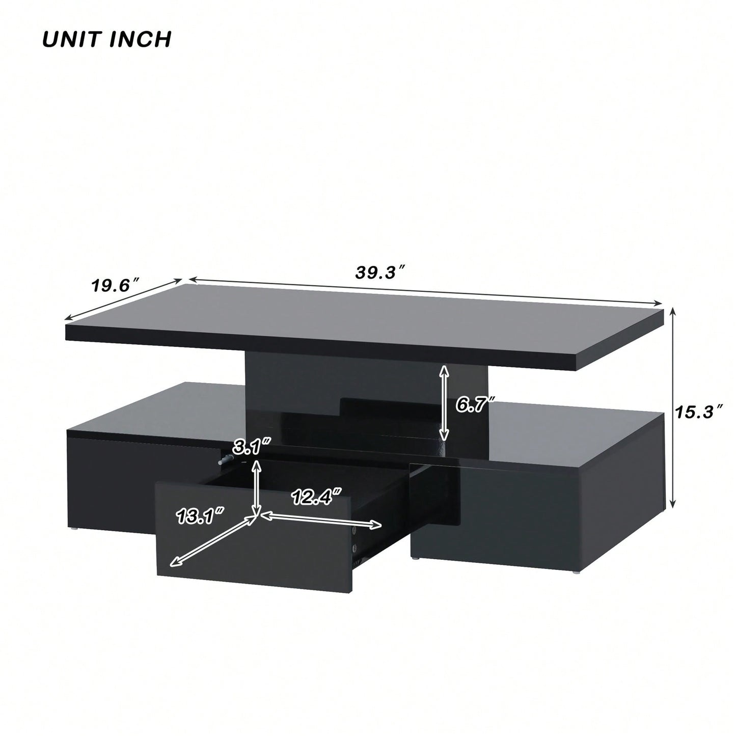 2-Tier Rectangle Center Table With Plug-In 16 Colors LED Lighting For Living Room, Modern Glossy Coffee Table With Drawer