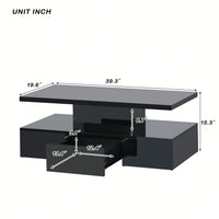 2-Tier Rectangle Center Table With Plug-In 16 Colors LED Lighting For Living Room, Modern Glossy Coffee Table With Drawer