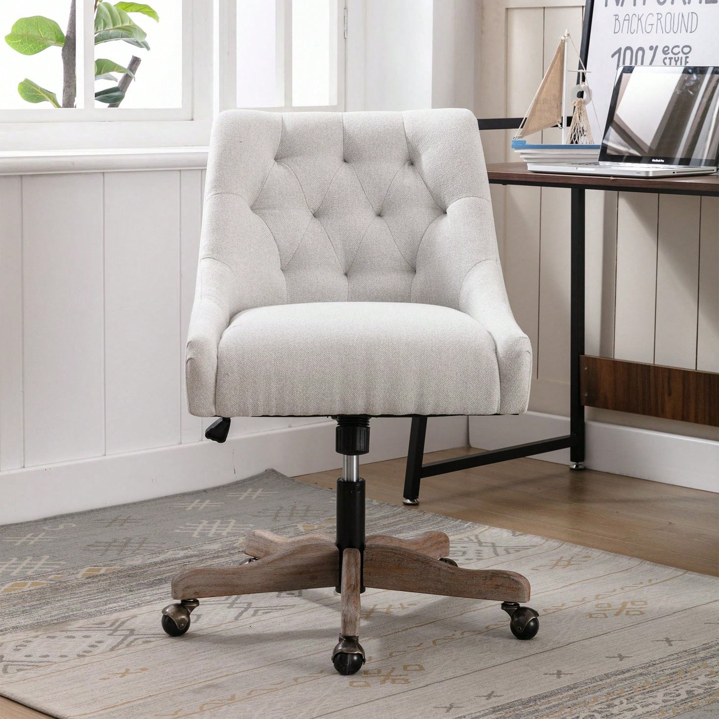 Adjustable Height Swivel Office Chair with Wheels Linen Fabric Upholstered Computer Desk Chair Wooden Legs Charcoal Grey