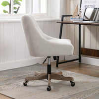 Adjustable Height Swivel Office Chair with Wheels Linen Fabric Upholstered Computer Desk Chair Wooden Legs Charcoal Grey