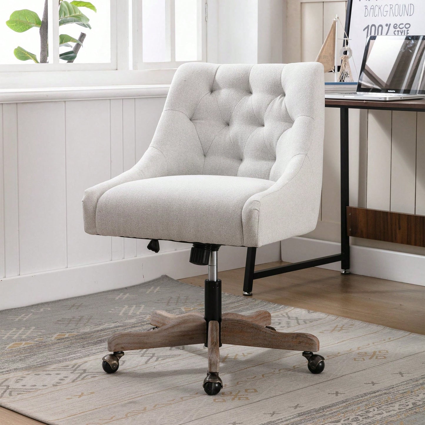 Adjustable Height Swivel Office Chair with Wheels Linen Fabric Upholstered Computer Desk Chair Wooden Legs Charcoal Grey