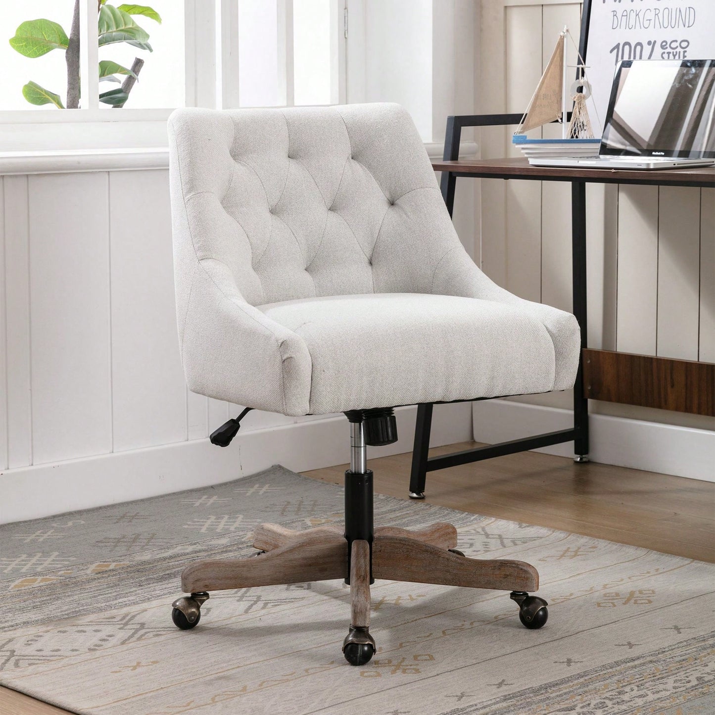 Adjustable Height Swivel Office Chair with Wheels Linen Fabric Upholstered Computer Desk Chair Wooden Legs Charcoal Grey