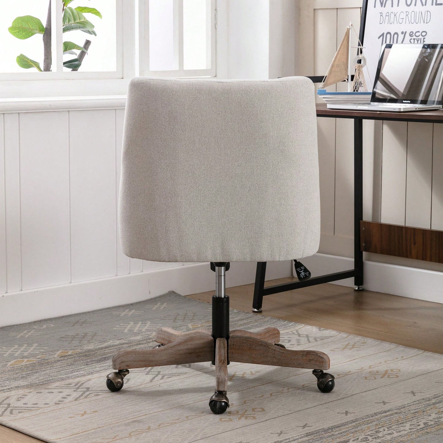 Adjustable Height Swivel Office Chair with Wheels Linen Fabric Upholstered Computer Desk Chair Wooden Legs Charcoal Grey