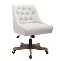 Adjustable Height Swivel Office Chair with Wheels Linen Fabric Upholstered Computer Desk Chair Wooden Legs Charcoal Grey