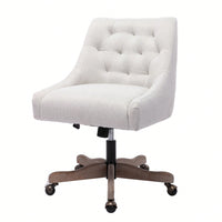 Adjustable Height Swivel Office Chair with Wheels Linen Fabric Upholstered Computer Desk Chair Wooden Legs Charcoal Grey