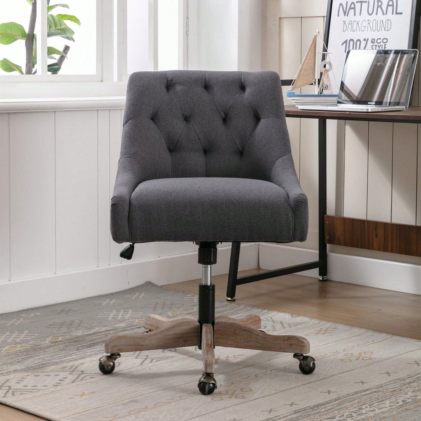 Adjustable Height Swivel Office Chair with Wheels Linen Fabric Upholstered Computer Desk Chair Wooden Legs Charcoal Grey