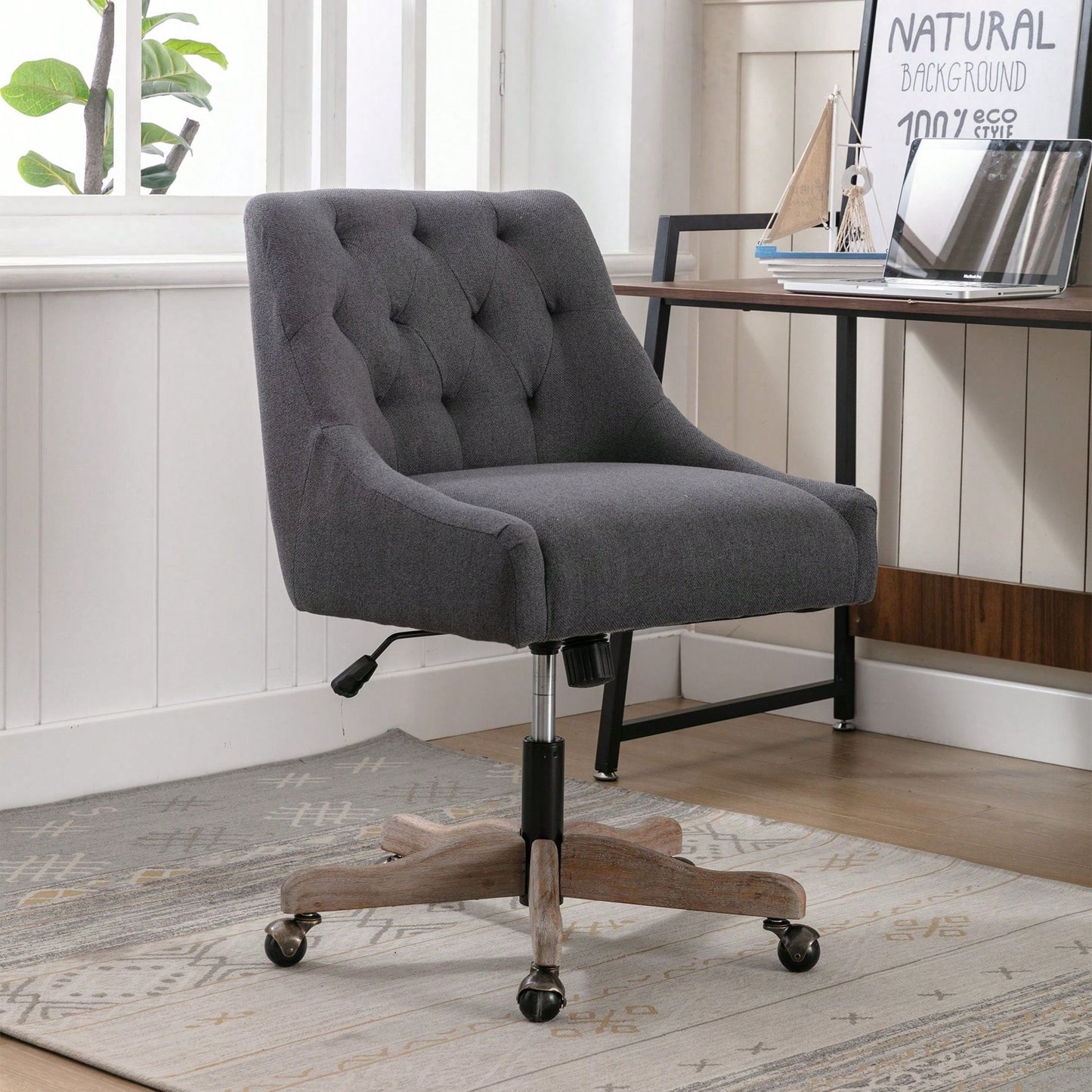 Adjustable Height Swivel Office Chair with Wheels Linen Fabric Upholstered Computer Desk Chair Wooden Legs Charcoal Grey