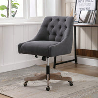 Adjustable Height Swivel Office Chair with Wheels Linen Fabric Upholstered Computer Desk Chair Wooden Legs Charcoal Grey