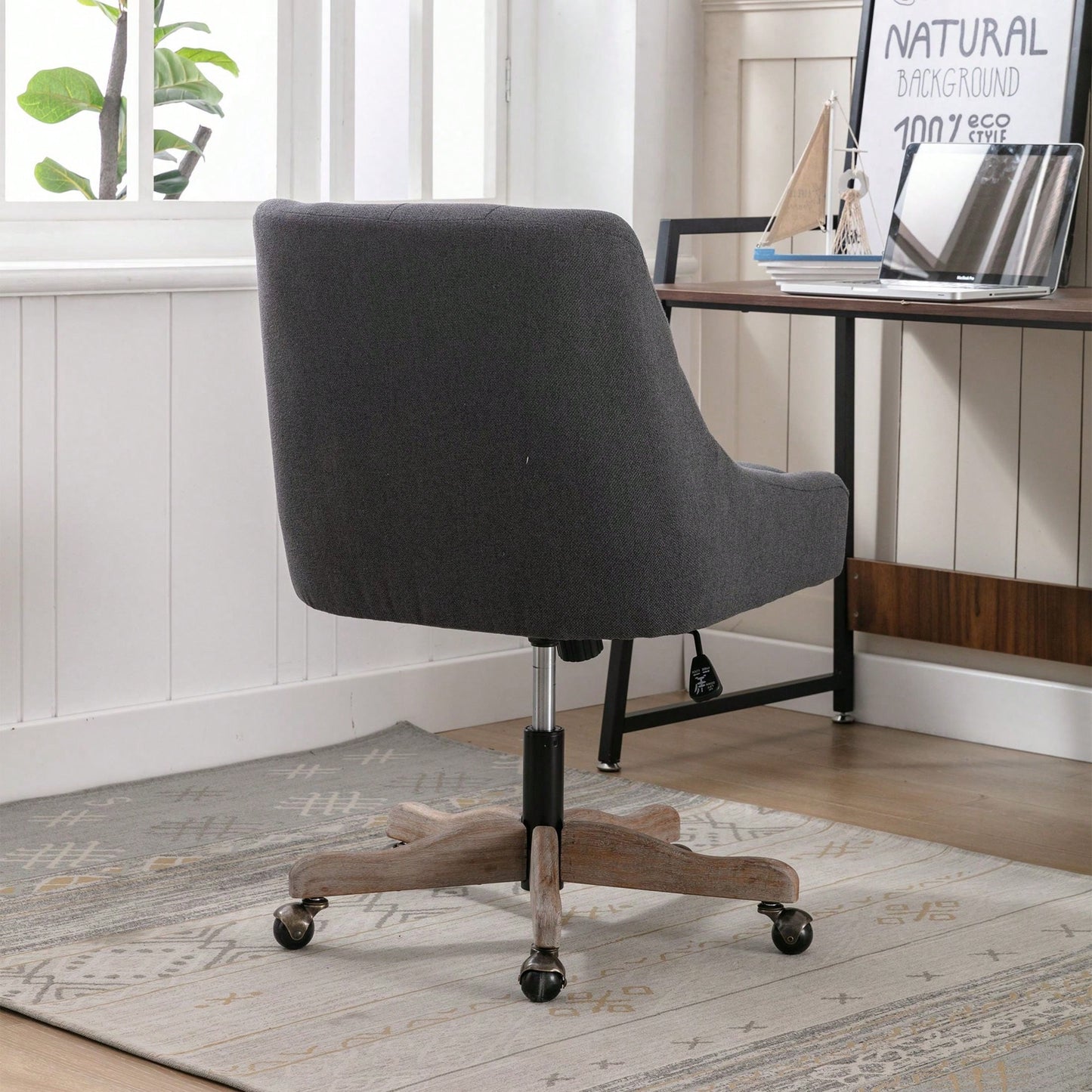 Adjustable Height Swivel Office Chair with Wheels Linen Fabric Upholstered Computer Desk Chair Wooden Legs Charcoal Grey