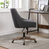 Adjustable Height Swivel Office Chair with Wheels Linen Fabric Upholstered Computer Desk Chair Wooden Legs Charcoal Grey