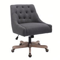 Adjustable Height Swivel Office Chair with Wheels Linen Fabric Upholstered Computer Desk Chair Wooden Legs Charcoal Grey