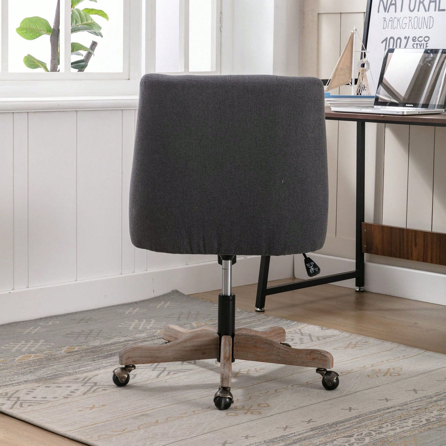 Adjustable Height Swivel Office Chair with Wheels Linen Fabric Upholstered Computer Desk Chair Wooden Legs Charcoal Grey