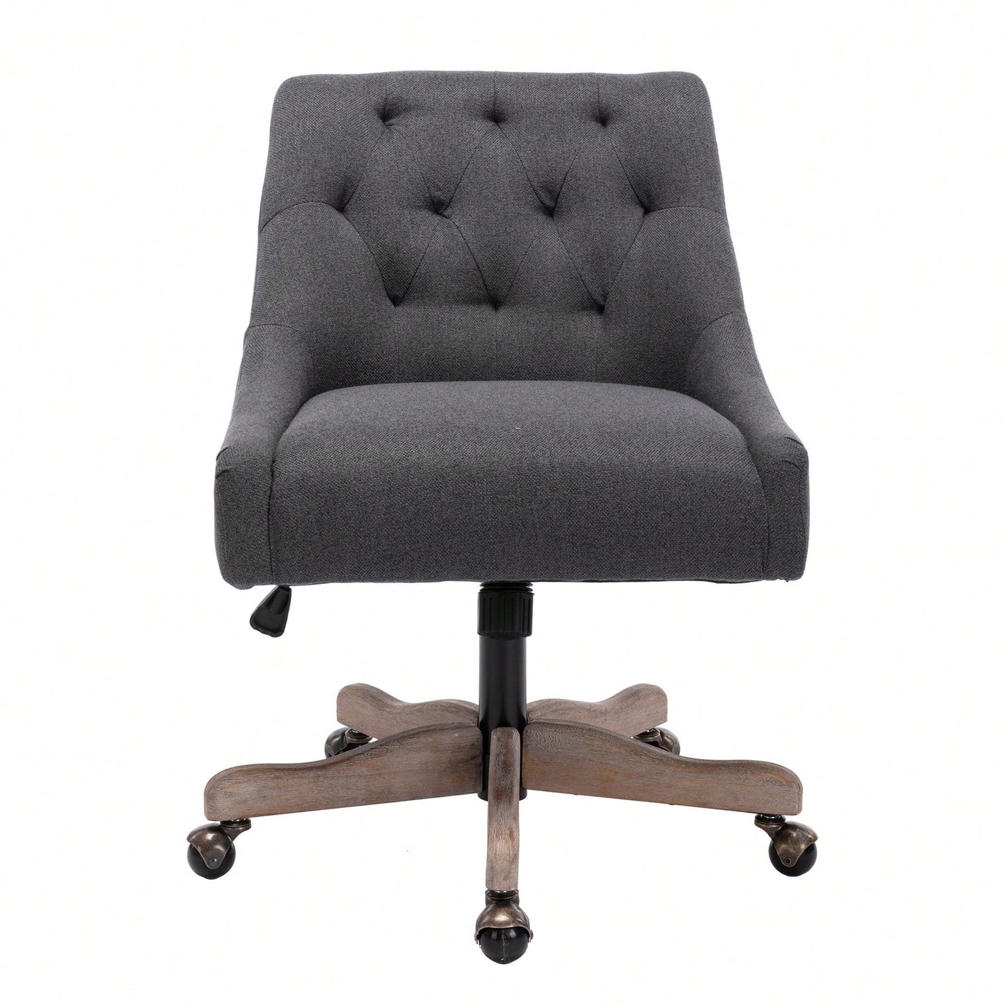 Adjustable Height Swivel Office Chair with Wheels Linen Fabric Upholstered Computer Desk Chair Wooden Legs Charcoal Grey