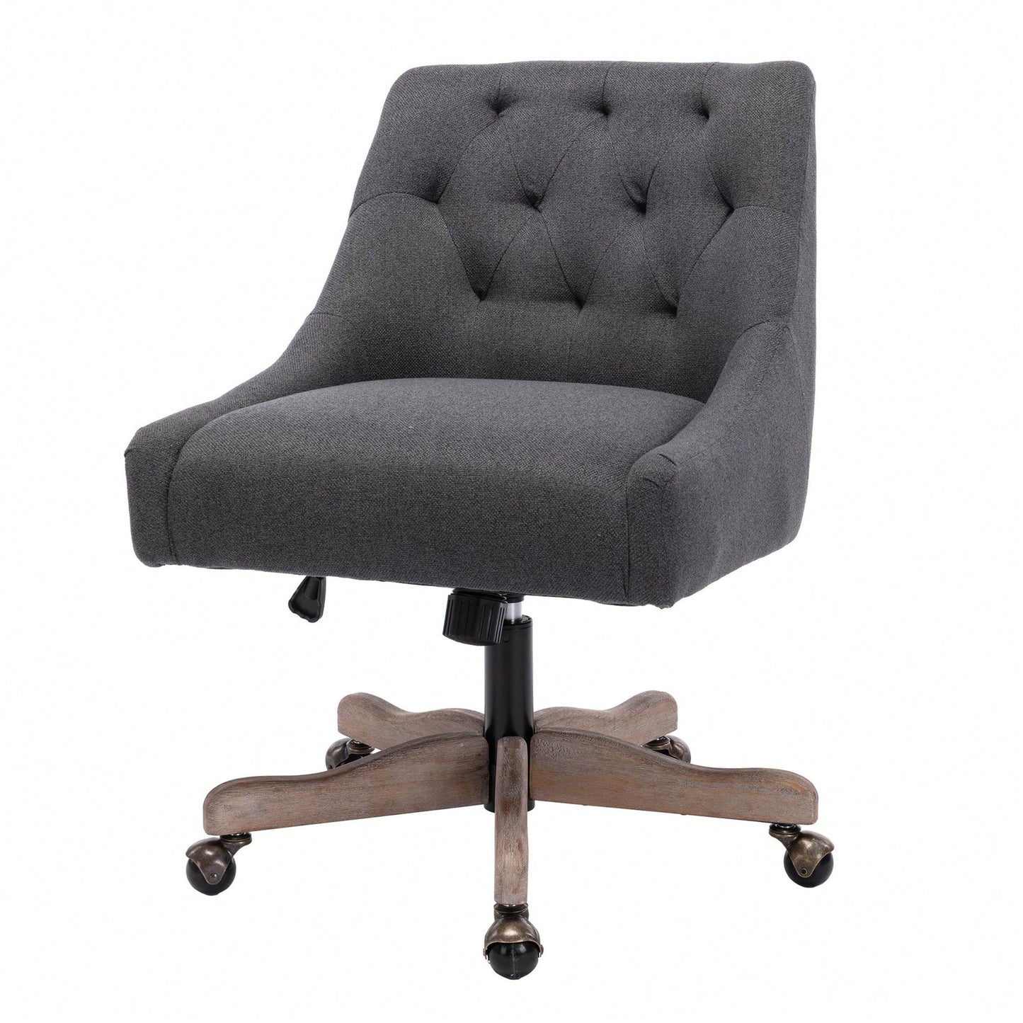 Adjustable Height Swivel Office Chair with Wheels Linen Fabric Upholstered Computer Desk Chair Wooden Legs Charcoal Grey