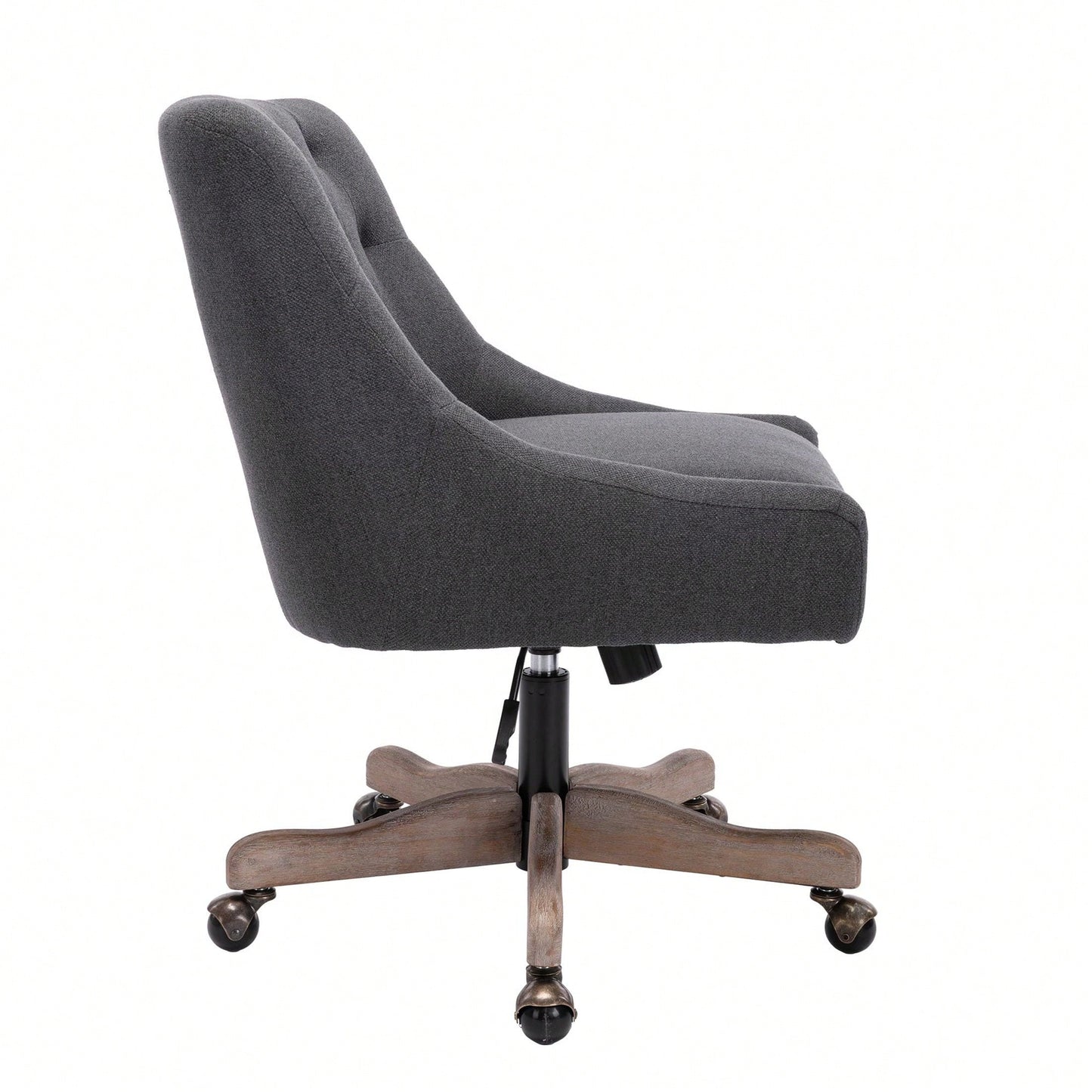 Adjustable Height Swivel Office Chair with Wheels Linen Fabric Upholstered Computer Desk Chair Wooden Legs Charcoal Grey