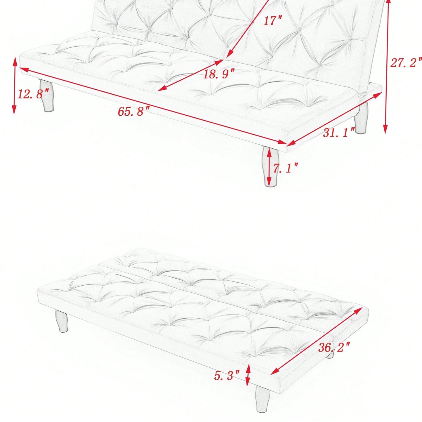 66"  Velvet Sofa Bed Suitable For Family Living Room, Apartment, Bedroom