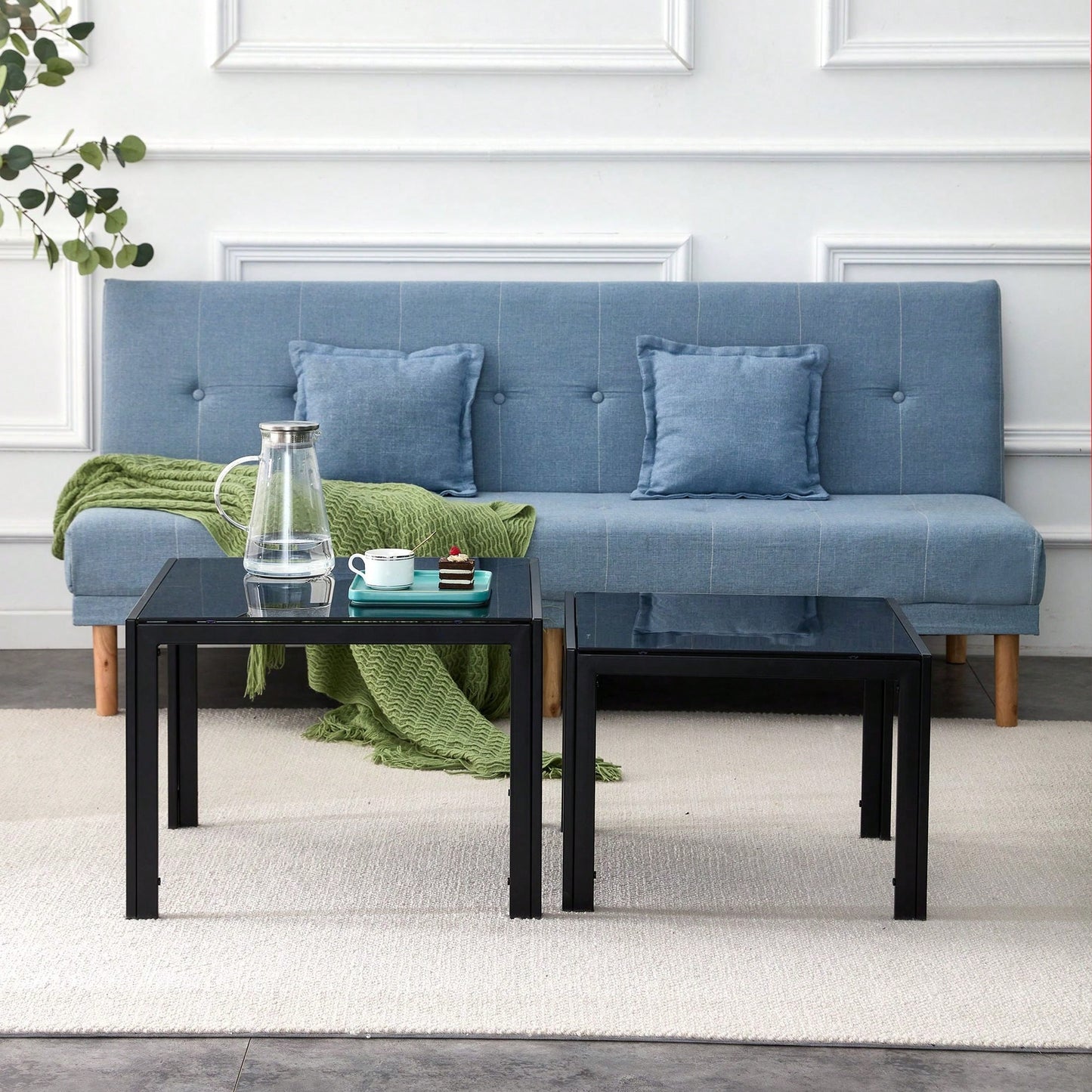 Nesting Coffee Table Set Of 2, Square Modern Stacking Table With Tempered Glass Finish For Living Room