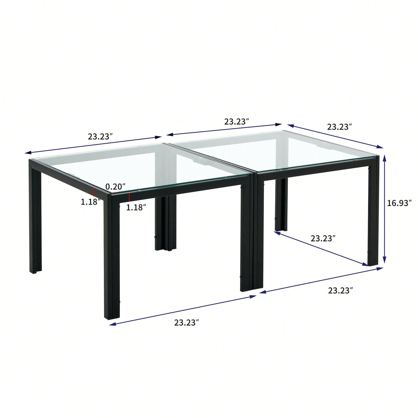 Coffee Table Set Of 2, Square Modern Table With Tempered Glass Finish For Living Room
