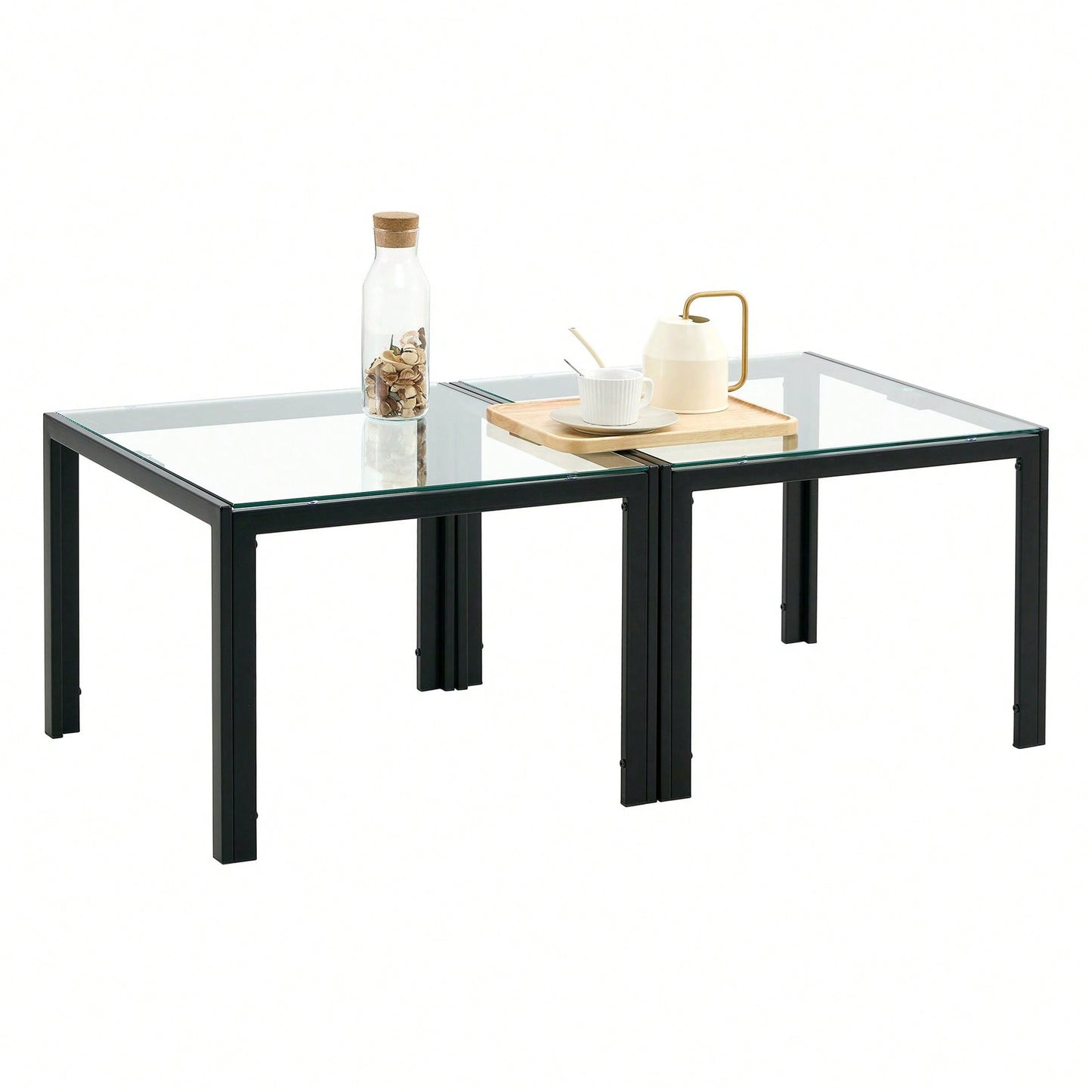 Coffee Table Set Of 2, Square Modern Table With Tempered Glass Finish For Living Room
