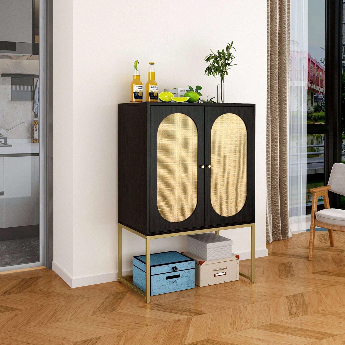 2 Door High Cabinet,Natural Rattan,Built-In Adjustable Shelf,Easy Assembly,Free Standing Cabinet For Living Room Bedroom,Hallway