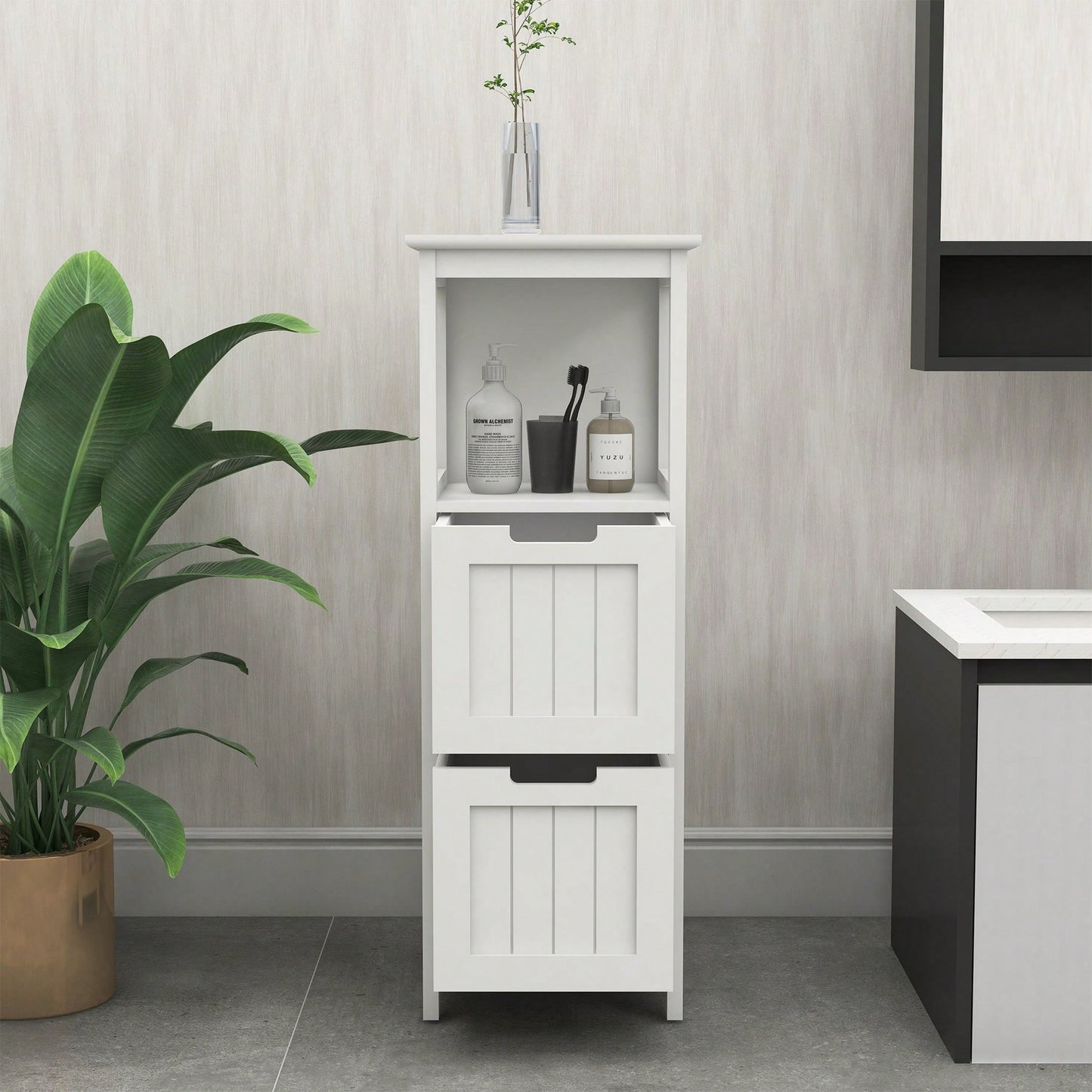 Bathroom Floor Cabinet With 2 Drawers And 1 Storage Shelf,Freestanding Wood Storage Organizer Cabinet