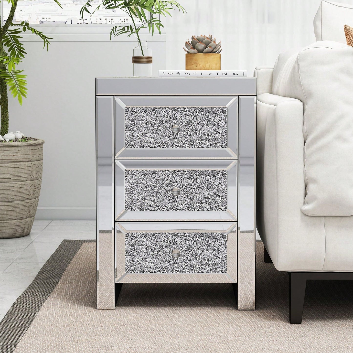 Mirrored Nightstand, Silver Bedside Tables, Mirrored End Table Side Table For Bedroom Living Room