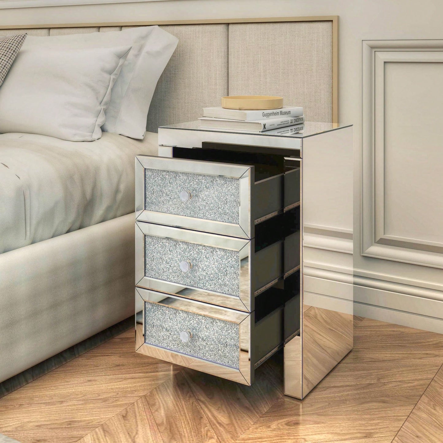 Mirrored Nightstand, Silver Bedside Tables, Mirrored End Table Side Table For Bedroom Living Room