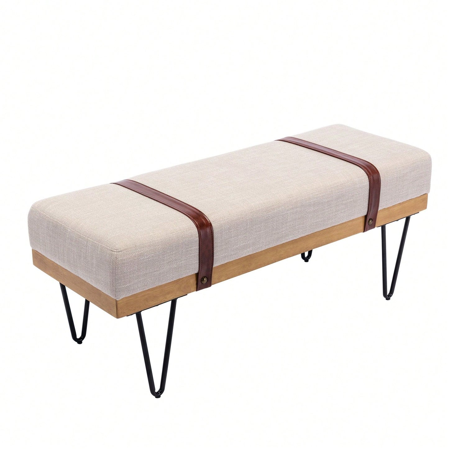 Linen Fabric Soft Cushion Upholstered Solid Wood Frame Rectangle Bed Bench With Powder Coating Metal Legs ,Entryway Footstool